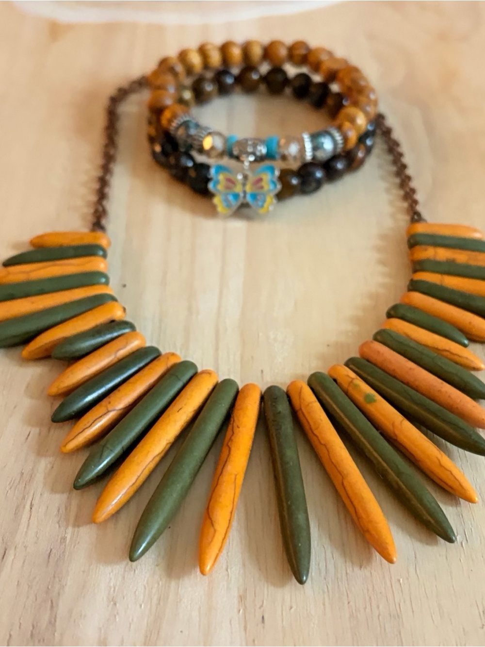 Orange and Olive wooden Spike Pendant Necklace - Women's Jewelry